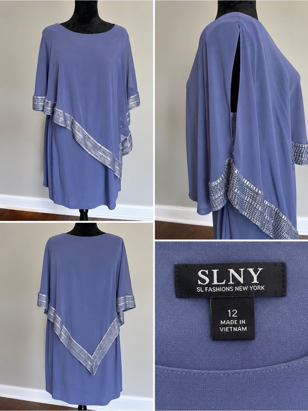 SLNY Periwiolet Cape Dress with Silver Trim
